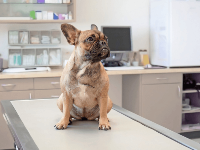Veterinary exam table with a dog