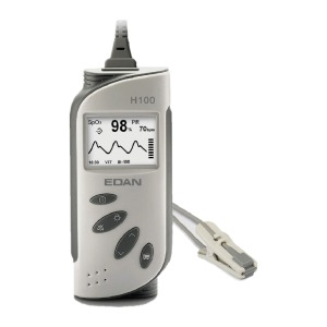 Veterinary handheld pulse oximeter showing SpO2, pulse rate, and a plethysmogram, with an SpO2 sensor clip on its cable