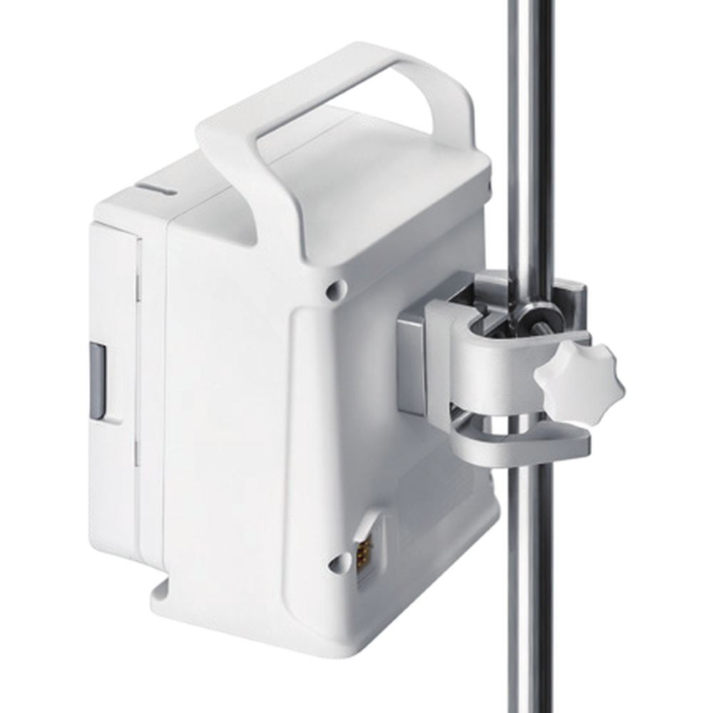 Rotating mounting cube on the back of a Mindray AniFM I3 infusion pump, clamped to a vertical pole