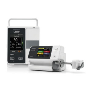 Mindray AniFM I3 infusion pump standing behind an AniFM S3 syringe pump with a color drug list on screen