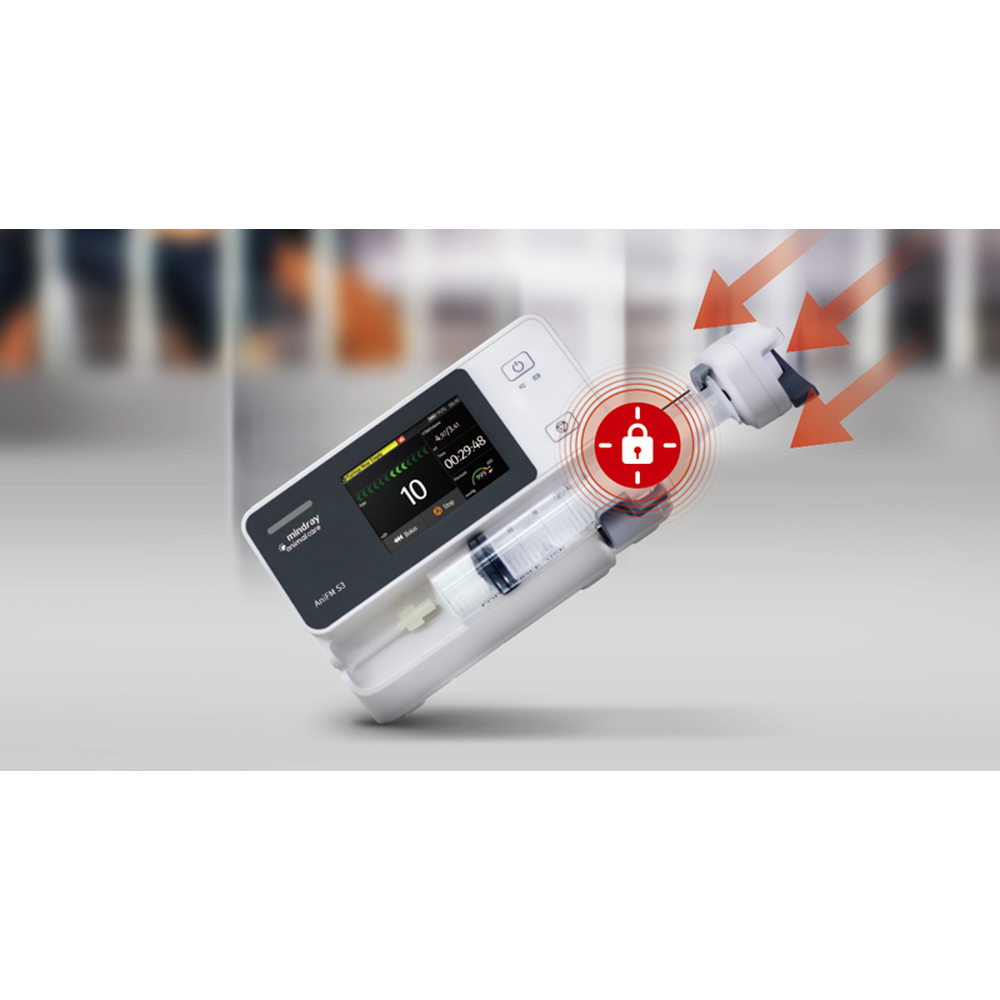 Tilted Mindray AniFM S3 syringe pump with a loaded syringe, rate and time on screen, and a lock graphic marking the automatic brake