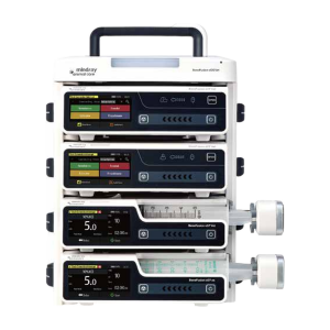 Mindray BeneFusion eDS Vet docking station holding two infusion pumps above two syringe pumps, front view