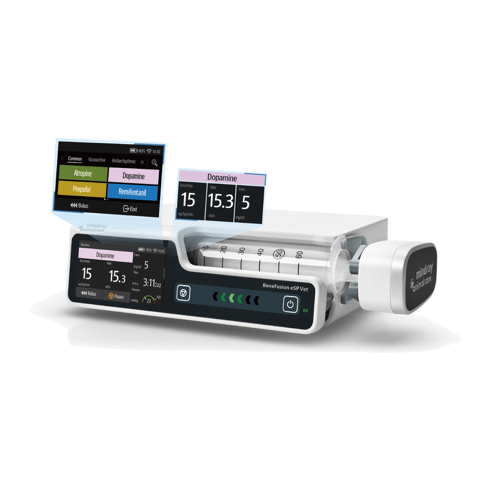 Mindray BeneFusion eSP Vet syringe pump with enlarged touchscreen views of color-coded drug names and dose values