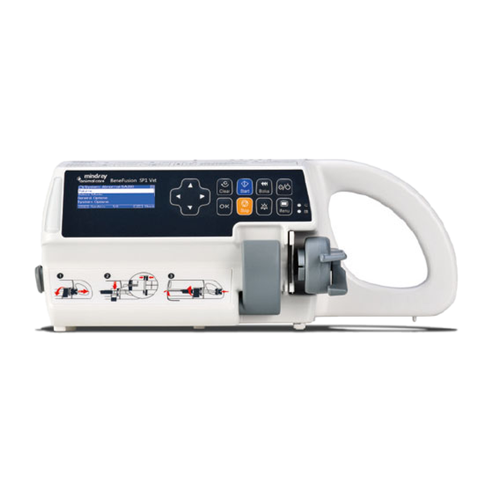 Front panel of a Mindray BeneFusion SP1 Vet syringe pump with its monochrome display, menu keys, and syringe clamp