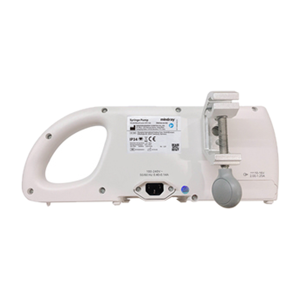 Pole clamp and carry handle on the back of a Mindray BeneFusion SP1 Vet syringe pump