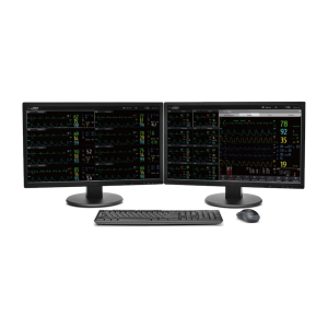 Mindray BeneVision CMS Vet central station with two monitors showing multi-patient screens, with keyboard and mouse