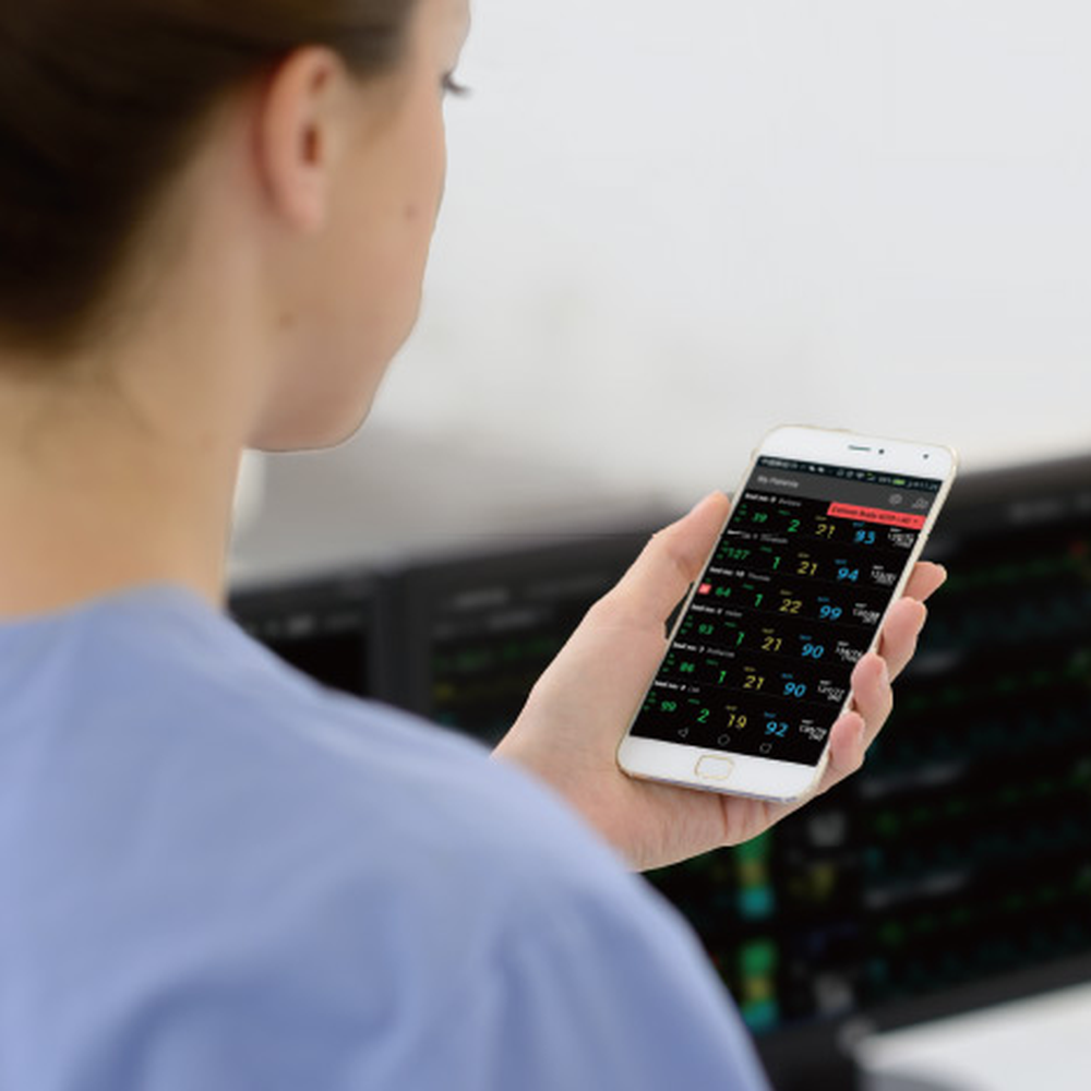 Clinician checking a patient list on a smartphone with BeneVision CMS Vet Mobile Viewer