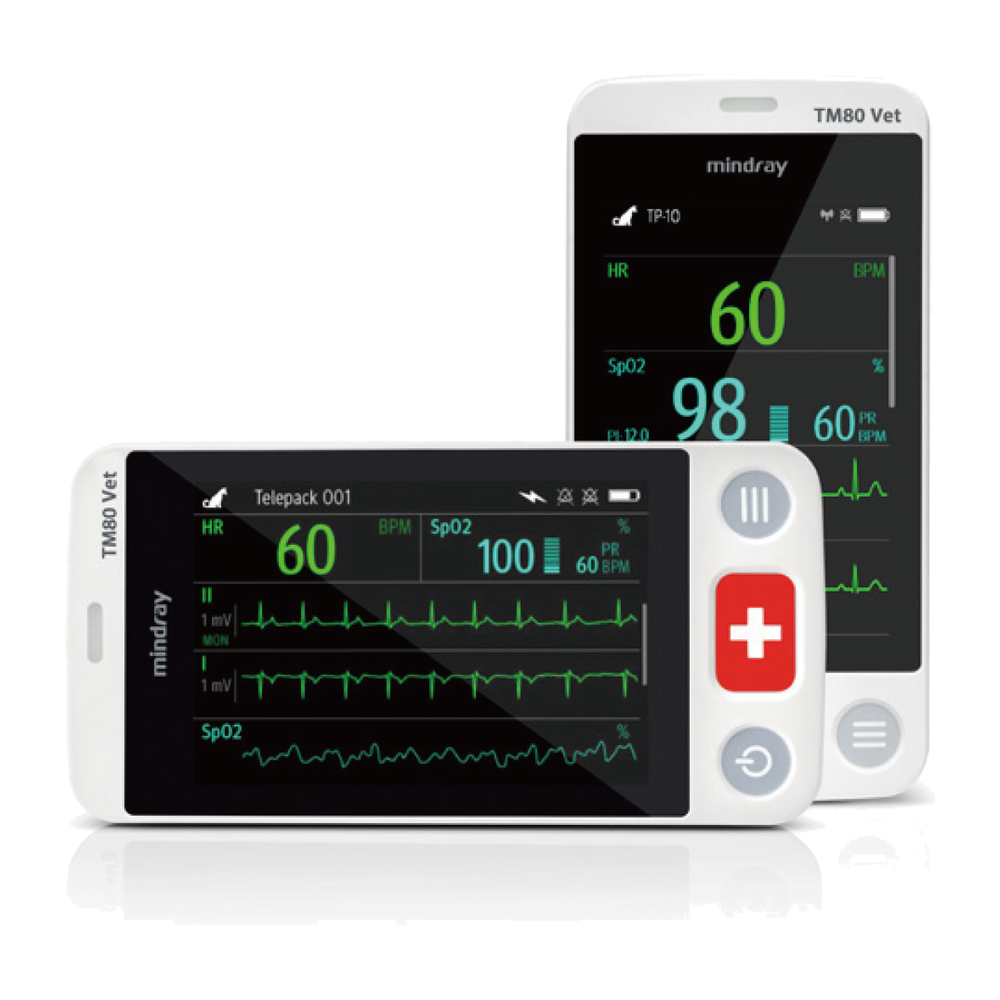 Two Mindray BeneVision TM80 Vet monitors, one upright and one turned sideways, each showing ECG waveforms