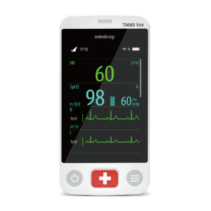 Mindray BeneVision TM80 Vet telemetry monitor, front view, with numeric values and ECG traces on the touchscreen