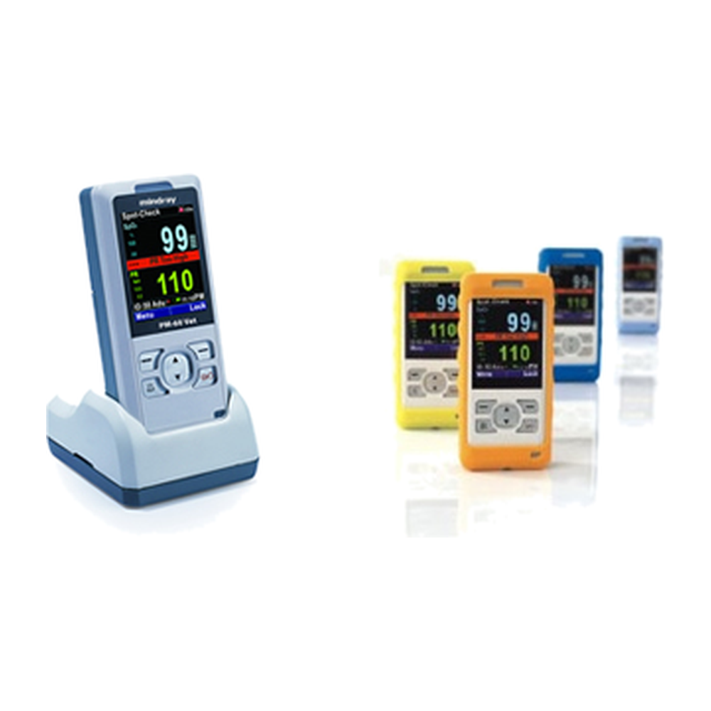 Mindray PM60 Vet pulse oximeter in its charging stand beside units in yellow, orange, and blue protective covers