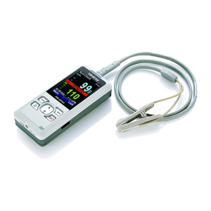Mindray PM60 Vet handheld pulse oximeter with a clip sensor and SpO2 and pulse values on its color screen