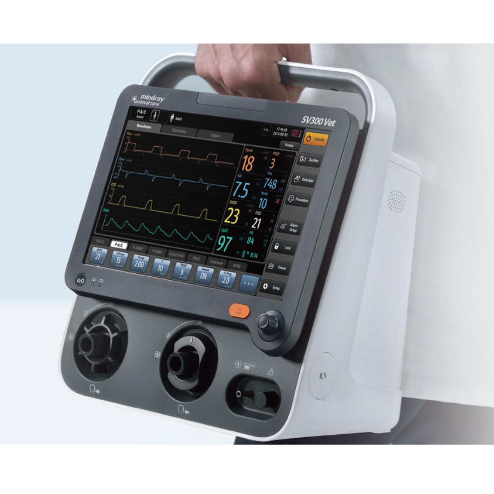 Mindray SV300 Vet ventilator head carried by its integrated top handle