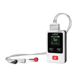 Mindray TMS30 Vet telemetry transmitter showing heart rate 160 and an ECG trace, with three color-coded ECG lead wires