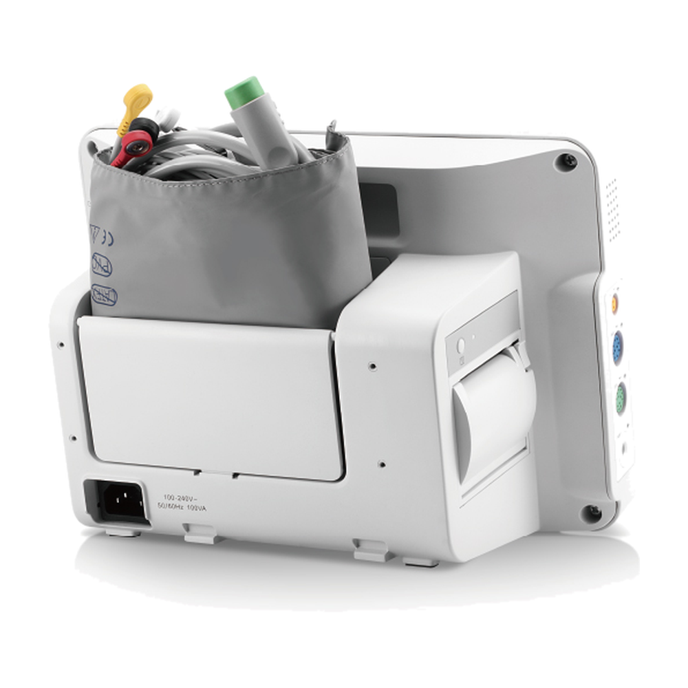 Rear cabinet of a Mindray uMEC12 Vet holding a rolled blood pressure cuff with ECG leads and a sensor cable, next to the side recorder