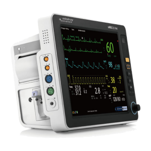 Mindray uMEC12 Vet patient monitor at an angle, with waveforms and vital sign numbers on screen and color-coded sensor ports on the side