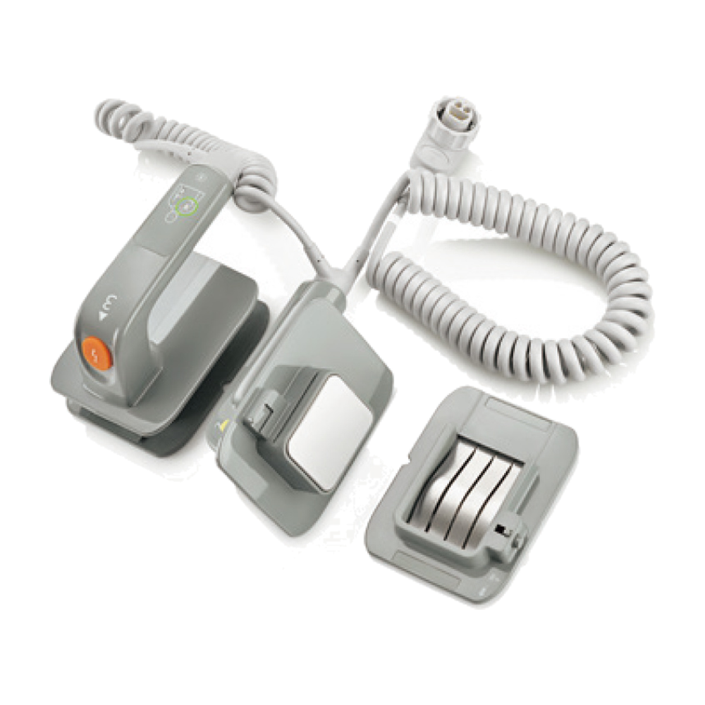 Pair of Mindray uMED20 Vet external paddles with shock buttons and coiled cables