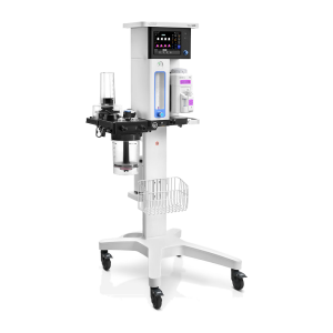 Mindray Veta 5Plus anesthesia machine on a rolling stand with a breathing system, vaporizer, and wire basket, front angle view