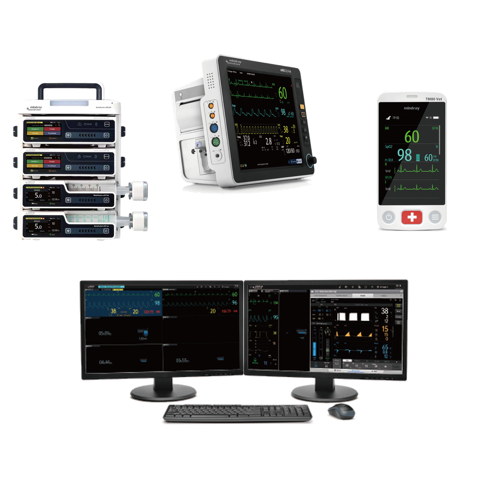 VetiNet CMS central station shown with BeneFusion infusion and syringe pumps, a uMEC12 Vet patient monitor, and a BeneVision TM80 Vet telemetry monitor