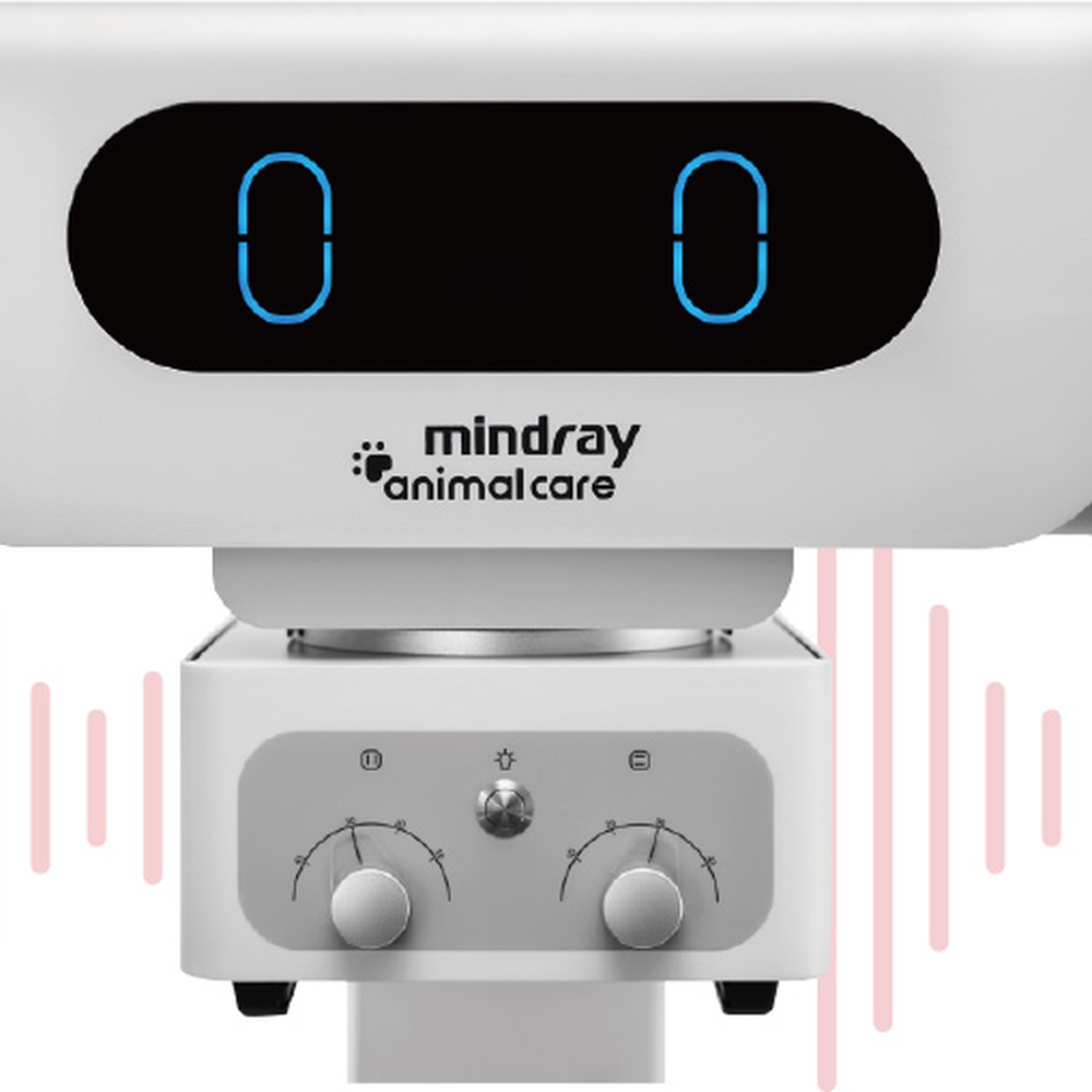 Mindray VetiX S380 tube head and collimator with red sound-wave lines illustrating iVocal voice-controlled exposure