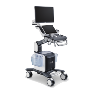 Mindray Vetus 50 ultrasound system on a wheeled cart with the monitor above the touchscreen, control panel, and storage bins