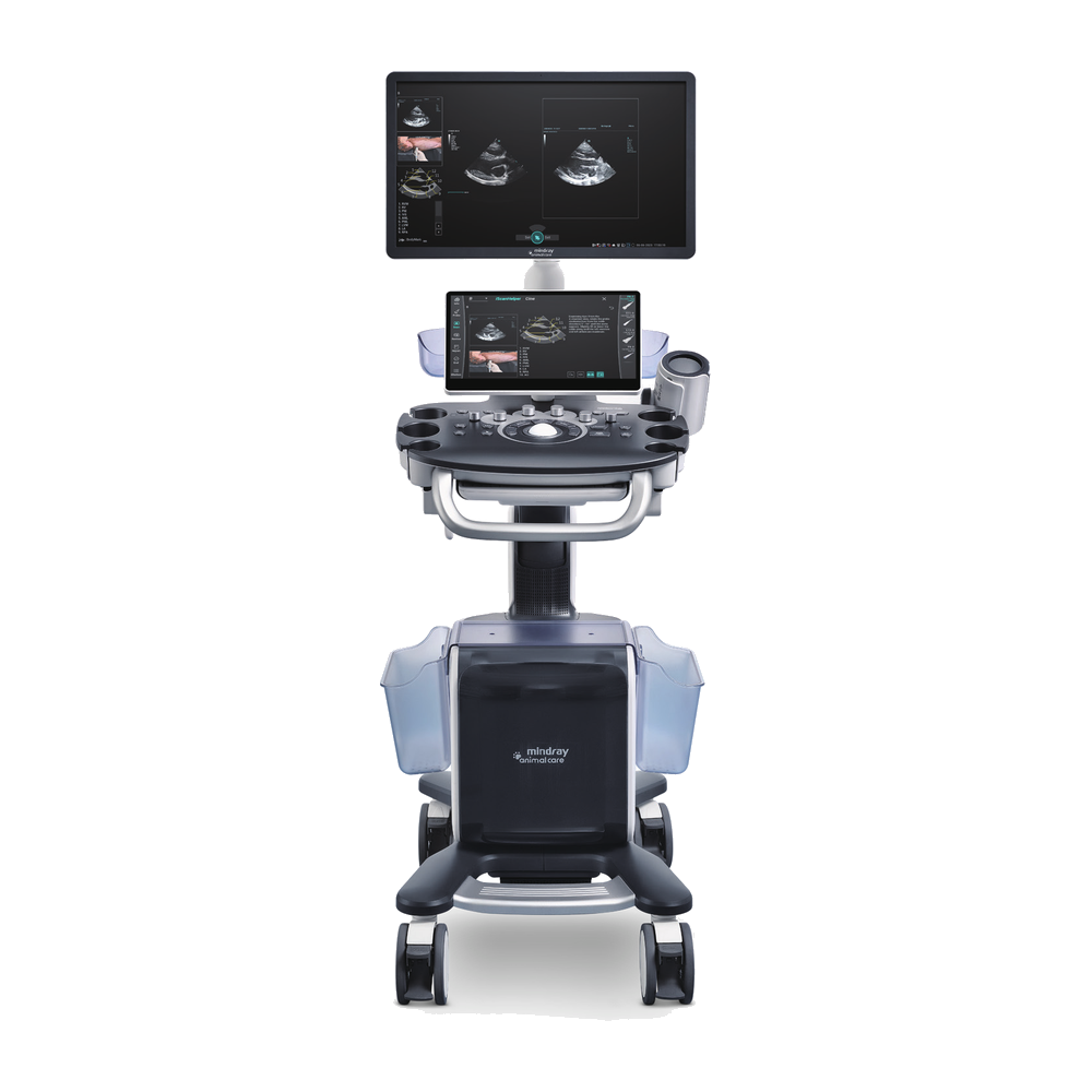 Front view of the Mindray Vetus 50 with ultrasound images on the monitor and touchscreen
