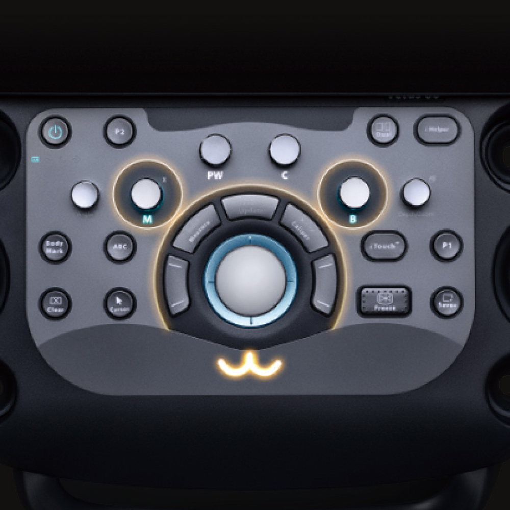 Close-up of the Mindray Vetus 80 control panel with a trackball, rotary knobs, and backlit keys