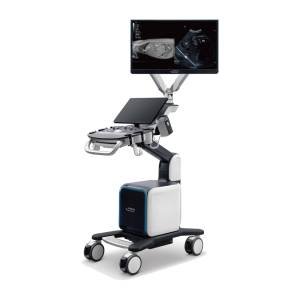 Mindray Vetus 80 ultrasound system on a wheeled cart with the monitor on a raised arm above the angled touchscreen and control panel