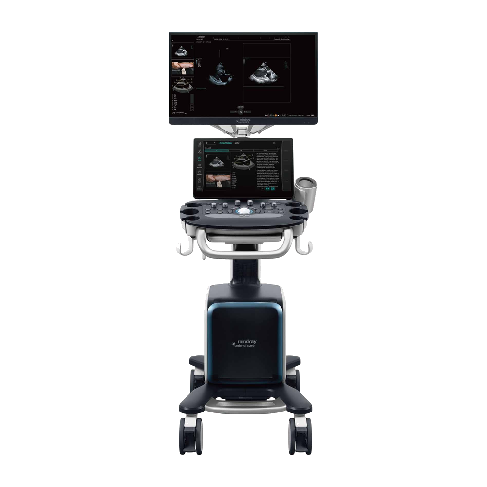 Front view of the Mindray Vetus 80 with the monitor, touchscreen, control panel, and cart