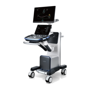 Mindray Vetus 9 ultrasound system on a wheeled cart with the main monitor raised above the touchscreen and control panel
