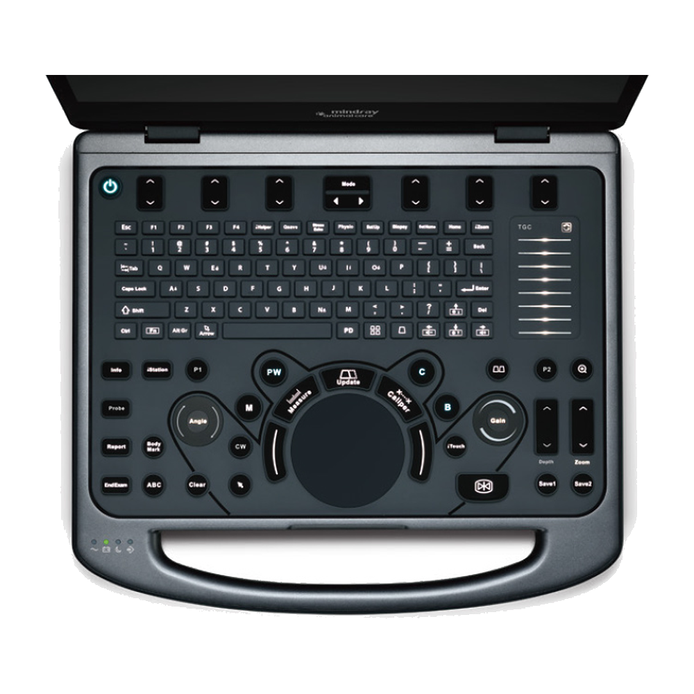 Top view of the Mindray Vetus E5 control panel with keyboard, trackball, and rotary controls