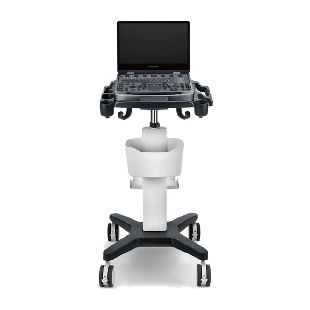 Mindray Vetus E5 open on its trolley with transducer holders and a storage basket