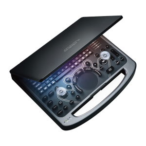 Mindray Vetus E5 portable ultrasound in a three-quarter view with the lid partly open over the illuminated control panel