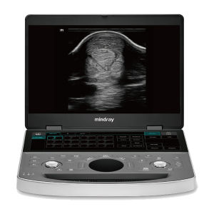 Mindray Vetus EQ portable ultrasound open, with a tendon image on the monitor above the touch control panel