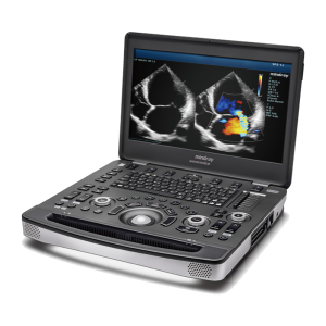 Mindray Vetus M10 compact ultrasound open in a three-quarter view with cardiac images on the screen