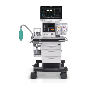 Mindray WATO A7 anesthesia system with a large touchscreen, two vaporizers, a green breathing bag on its arm, and a drawer cart, front angle view