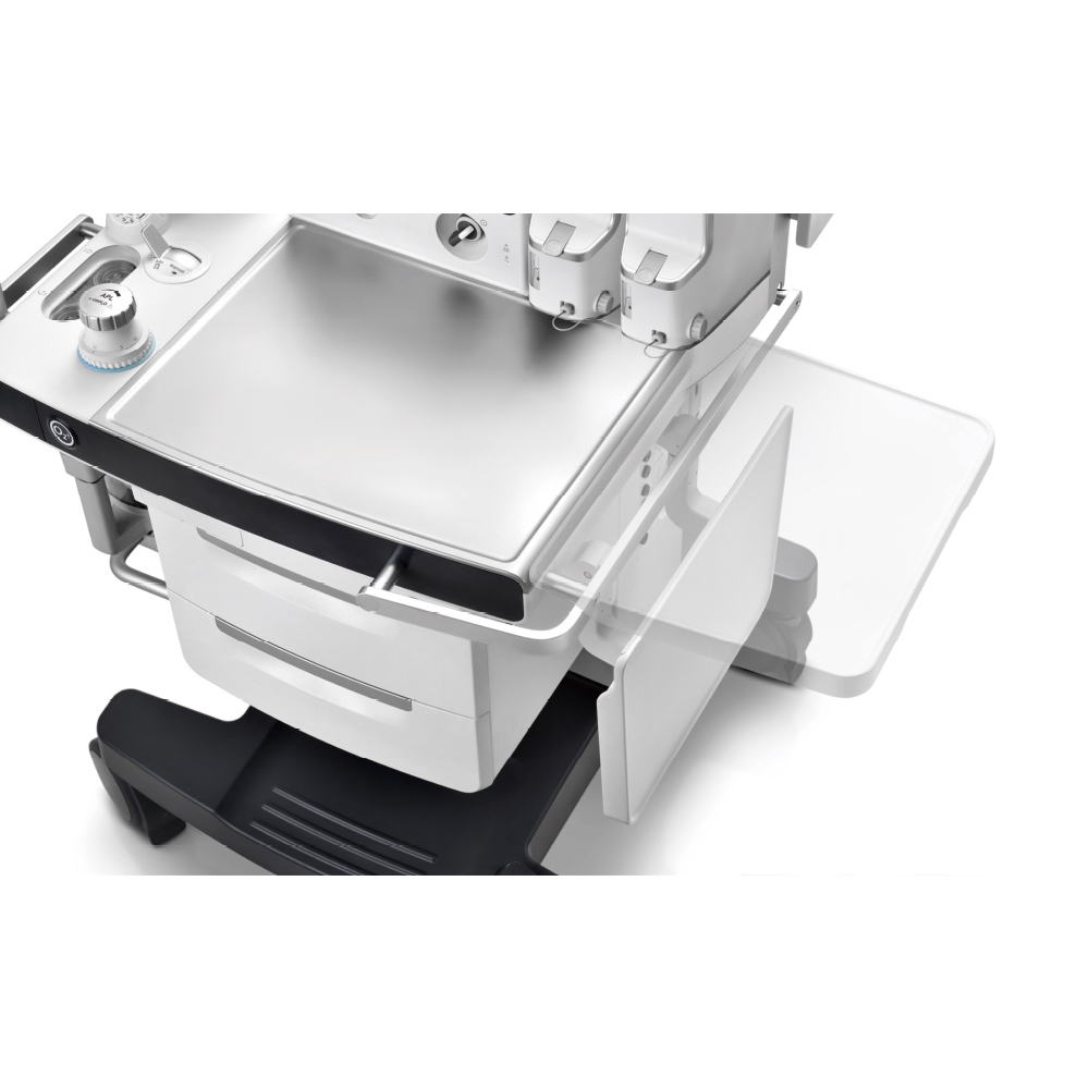 Flip-up worktable on the side of a Mindray WATO A7 cart, shown in raised and lowered positions