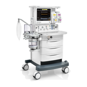 Mindray WATO EX-65 Pro Vet anesthesia machine with a breathing bag on its arm, two vaporizers beside the touchscreen, and a three-drawer cart, front angle view