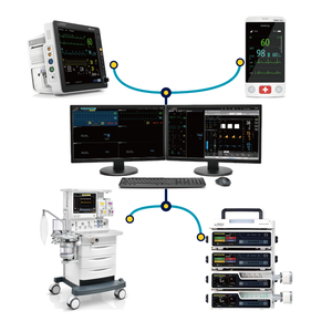 Central monitoring station linked to a patient monitor, telemetry monitor, anesthesia machine, and infusion pump stack